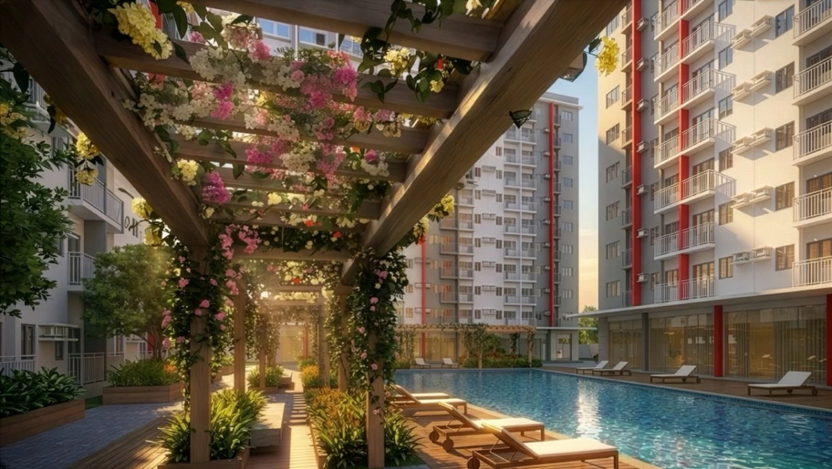 Take a dip, lounge by the water, and enjoy relaxing afternoons at Bloom Residences’ amenity pool. (Photo: SMDC)