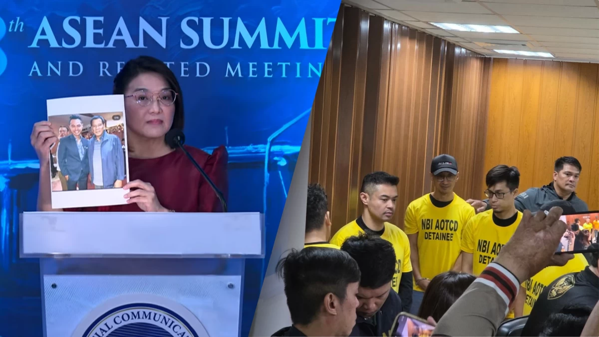 Palace Press Office Claire Castro shows a photo of social media personality Franco Mabanta with former president Rodrigo Duterte, in a press briefing in Lapu-Lapu City, Cebu, on May 6, 2026. Mabanta, the founder of an online news platform, was arrested on May 5, 2026, for alleged extortion. (Photos RTVM/Jeff Damicog)