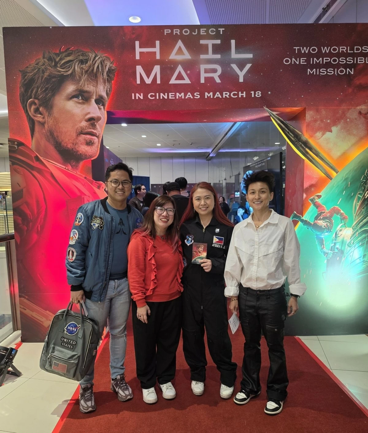 Mission Accomplished — At the Philippine premiere of Project Hail Mary. From left: Dr. Mark Angelo Purio, Ica Cheng, the author, Analog astronaut Kristine Jane Atienza, and Patricia Vicente, Deputy System Manager for NASA Johnson Space Center.