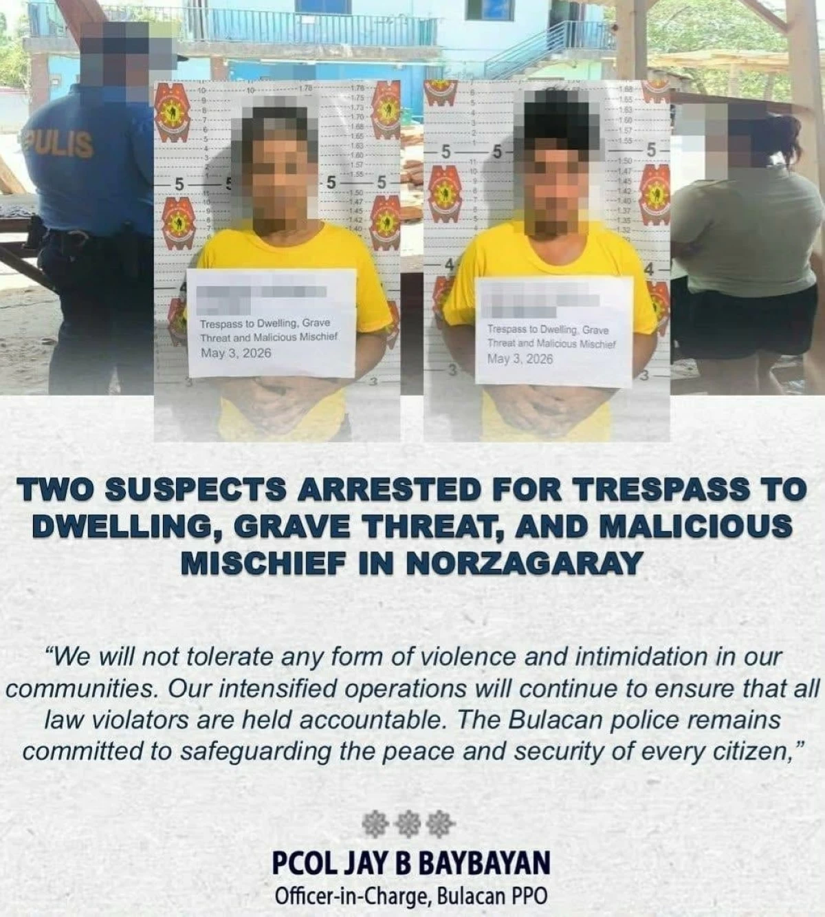 Two suspects were arrested in a disturbance that stemmed from a road rage incident in Barangay Minuyan, Norzagaray, Bulacan, on May 3. A third suspect, alias “JC,” remains at large and is the subject of a police manhunt. (Photo from Bulacan PPO)