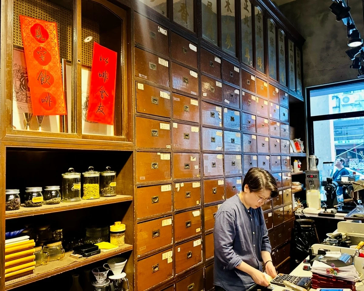 Interiors of Tao Wo Tang featuring the old pharmacy cabinets