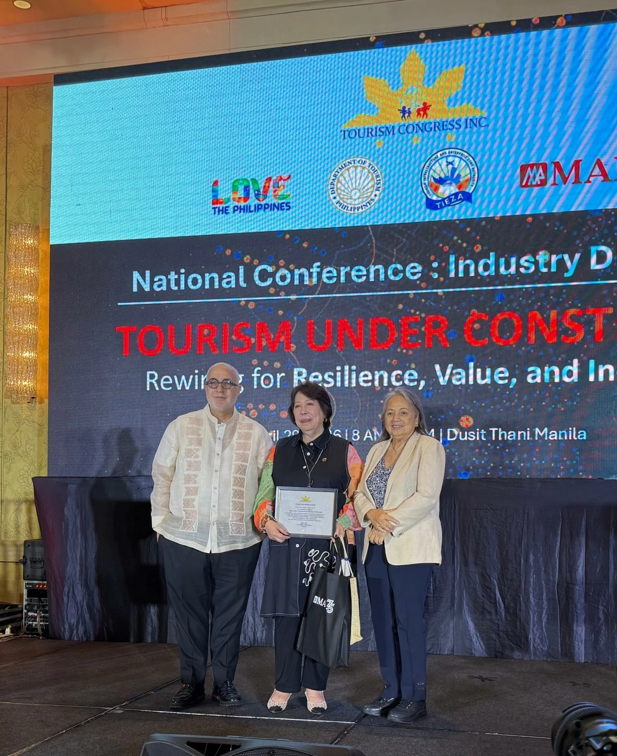 Alma Rita Jimenez, with James Montenegro and Marianne Hontiveros. Ms. Jimenez delivered an illuminating talk, with an action plan for Tourism.