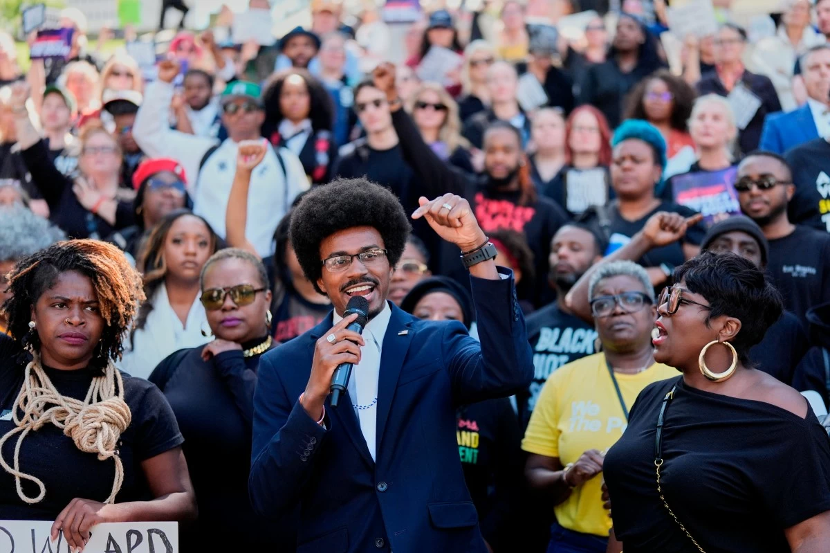 Rep. Justin J. Pearson, D-Memphis, speaks during a rally after a special session of the state legislature to redraw U.S. Congressional voting maps Thursday, May 7, 2026, in Nashville, Tenn. (AP Photo/George Walker IV)
