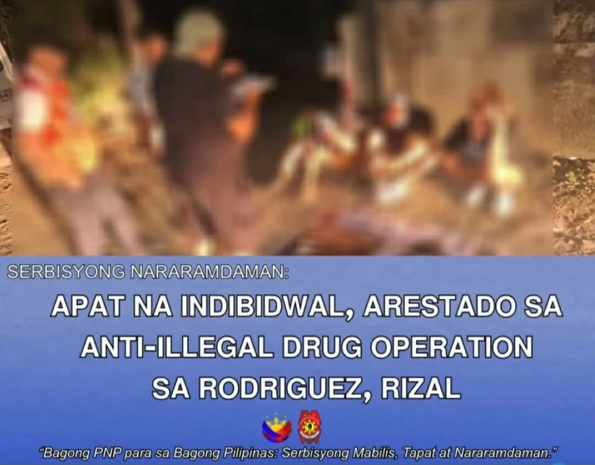 Authorities arrest four individuals during a buy-bust operation in Rodriguez, Rizal, and confiscate suspected shabu worth P224,400. (Photos from Rizal PPO)