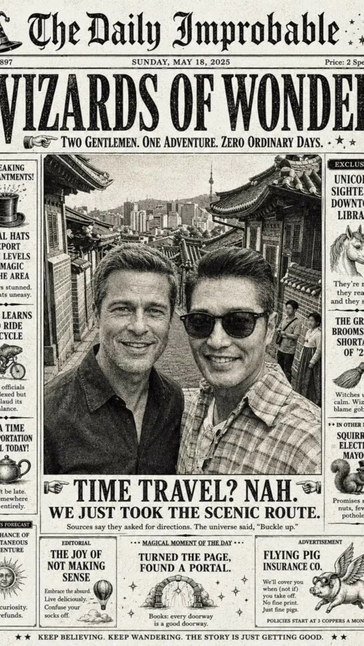 Korean actor Jeong Yoonmin (right) with Brad Pitt in Bukchon Hanok Village in an AI-generated photo (Instagram) 
