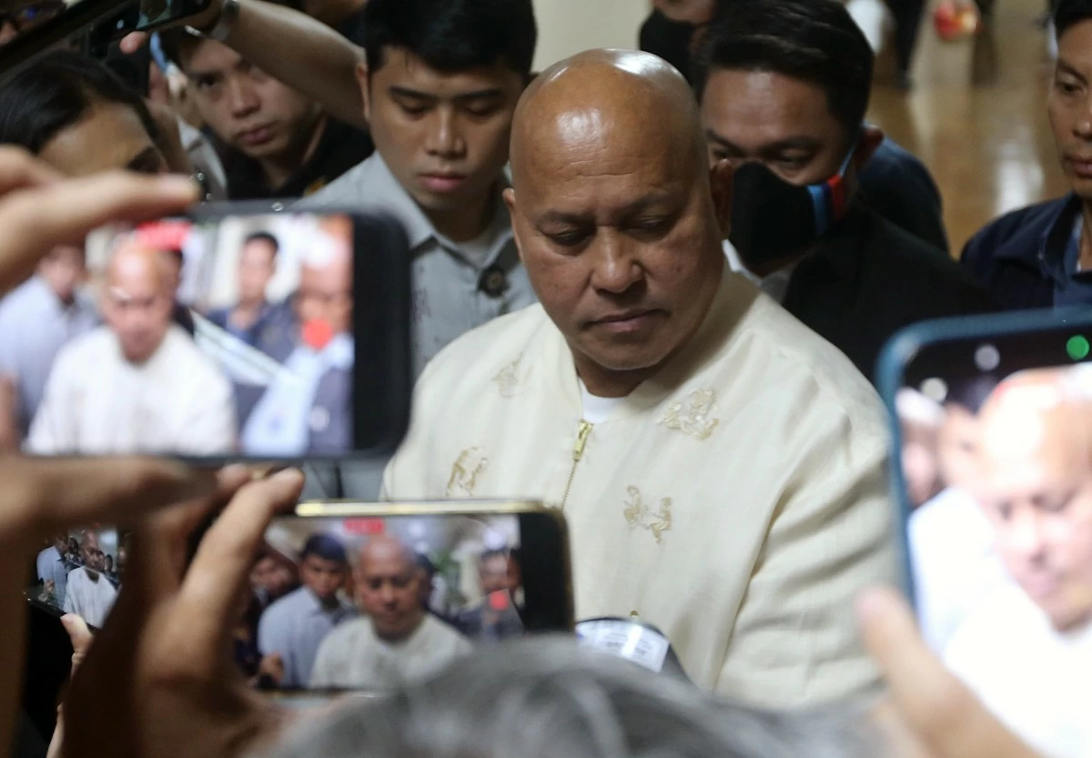 Senator Ronald 'Bato' Dela Rosa, speaks as he answers questiomns from the media outside his office at the Senate of the Philippines in Pasay City, May 12, 2026. (Mark Balmores)