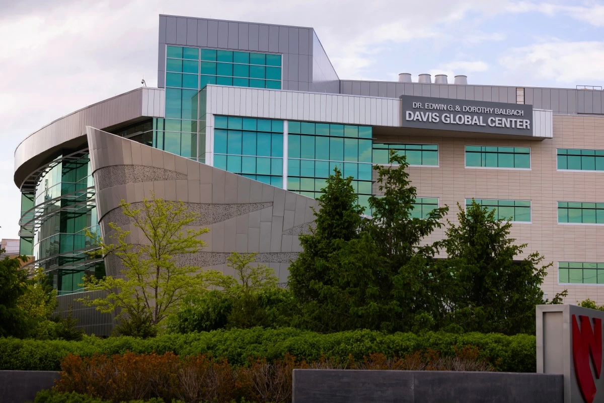 Nebraska Medicine's Davis Global Center is seen on Sunday, May 10,2026 in Omaha, Neb. where American passengers from the hantavirus-stricken cruise ship will quarantine. (AP Photo/Rebecca S. Gratz)