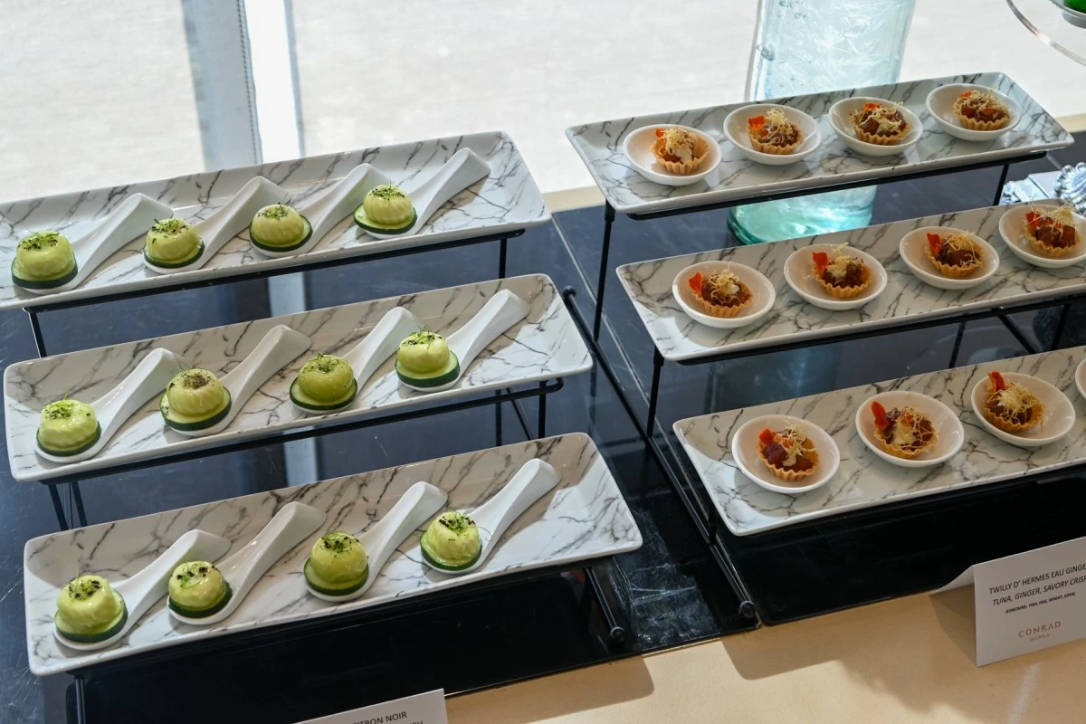 Cucumber with lemon labneh and black lime dust and tuna with ginger and delicate savory crisps