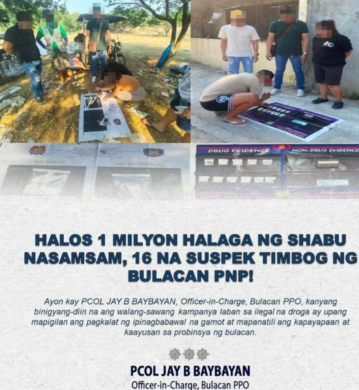 Sixteen individuals involved in illegal drugs were arrested by operatives of the Bulacan Police Provincial Office after a series of anti-drug operations on Wednesday, May 13, 2026. Nearly P1 million worth of shabu was confiscated. (Photo from Bulacan PPO)