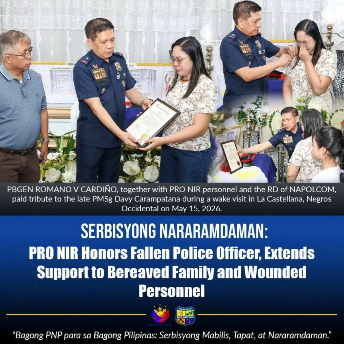 POLICE Brig. Gen. Romano Cardiño visits the wake of Police Master Sgt. Davy Carampatana in Barangay Robles, La Castellana, Negros Occidental on Friday, May 15. (PRO-NIR)
