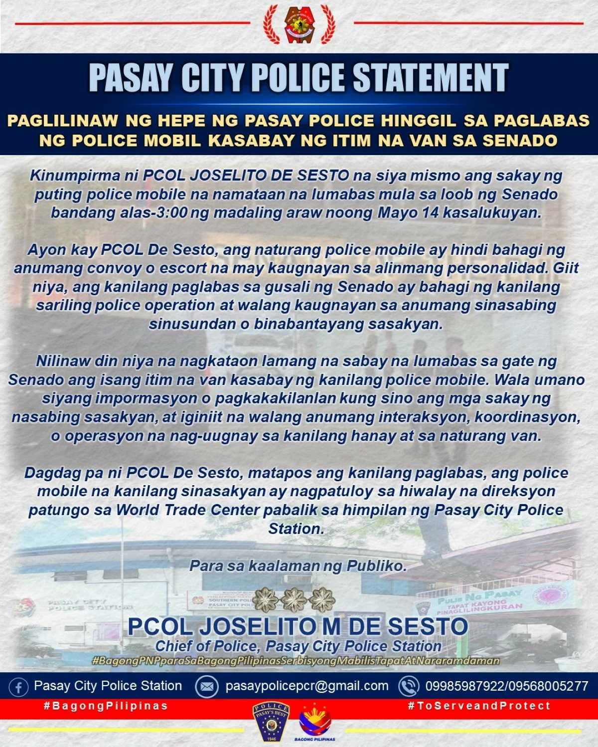 Statement of Pasay City Police chief Col. Joselito De Sesto (Photo from Pasay City Police)