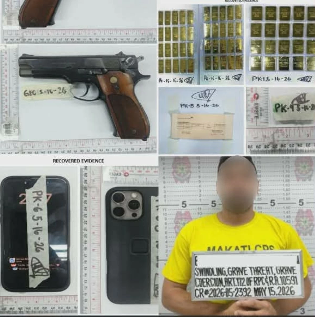 Personnel of the Makati City Police Station arrest an Iranian national after allegedly selling 60 pieces of fake gold bars worth P18.6 million (Photo from SPD)