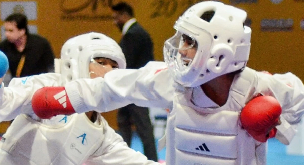 Francis Erl Jud Abundo connects with a punch to Brunei's  Azlee Khairi bin Wan Zuraimi 7-0 to rule the under-14 male kumite -40-kilogram class of the Karare One-Youth League tournament Sunday, May 17, at the SM Mall of Asia in Pasay City.
