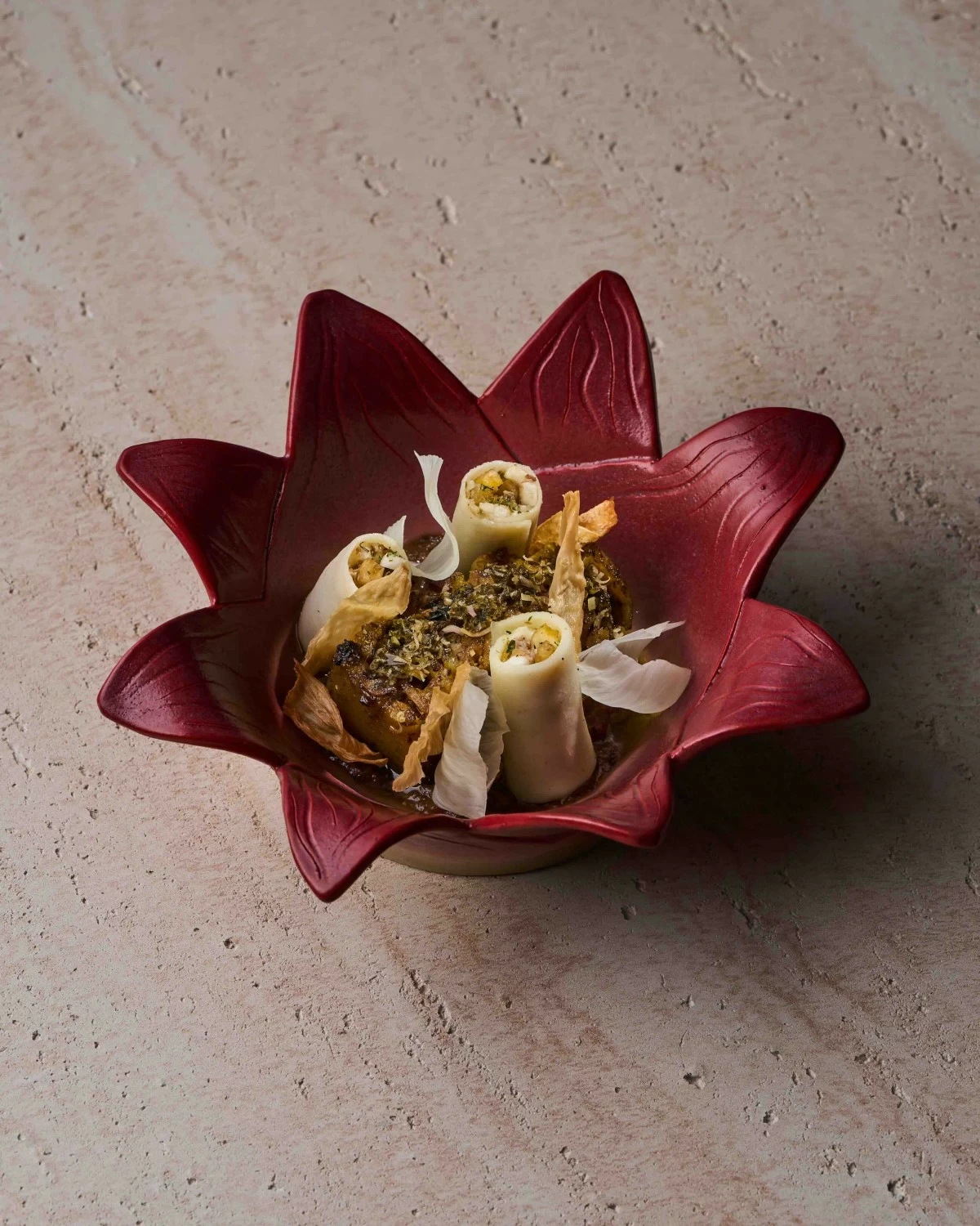 FOREST SMOKE 'Amazon' pairs pork with palm heart and banana, complemented by the smoky “Treetop” cocktail infused with whiskey and charred banana leaf. (Photo: Fern Dy)