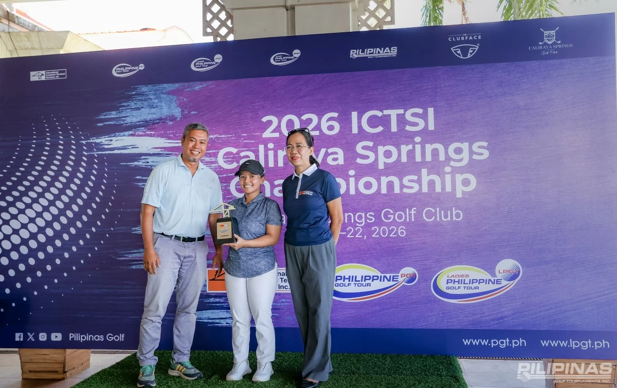 Harmie Constantino with ICTSI PR Communication Services and Production Head Bambi Marfil and Caliraya Springs golf director Gary Viajante.