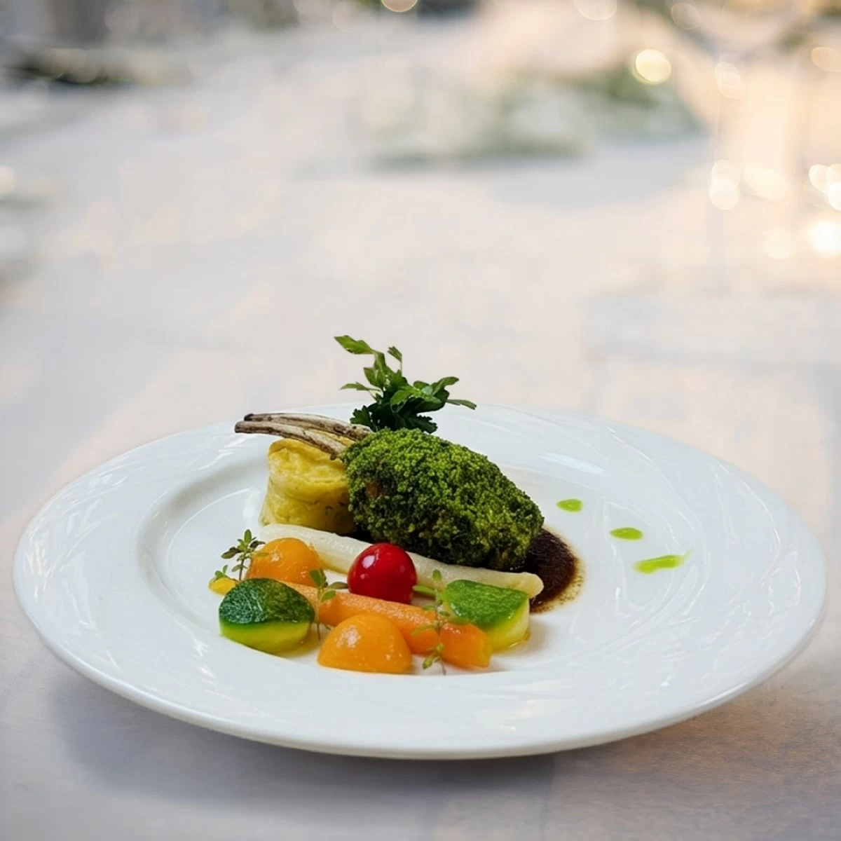 For the main course, guests may savor Roast Rack of Lamb in Herb Crust served with rosemary garlic jus, accompanied by gratin potato, and market vegetables (Photo: Manila Hotel)