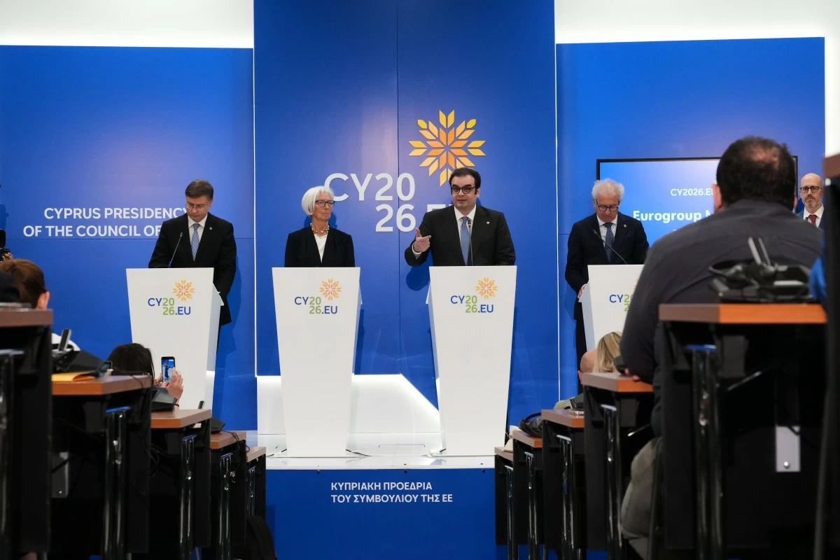 From left to right, European Commissioner for Economy and Productivity, Implementation and Simplification Valdis Dombrovskis, European Central Bank President Christine Lagarde, President of the Eurogroup Kyriakos Pierrakakis, Managing Director and the European Stability Mechanism Pierre Gramegna talk to the media during the Eurogroup finance ministers meeting in capital Nicosia, Cyprus, Friday, May 22, 2026. (AP Photo/Petros Karadjias)