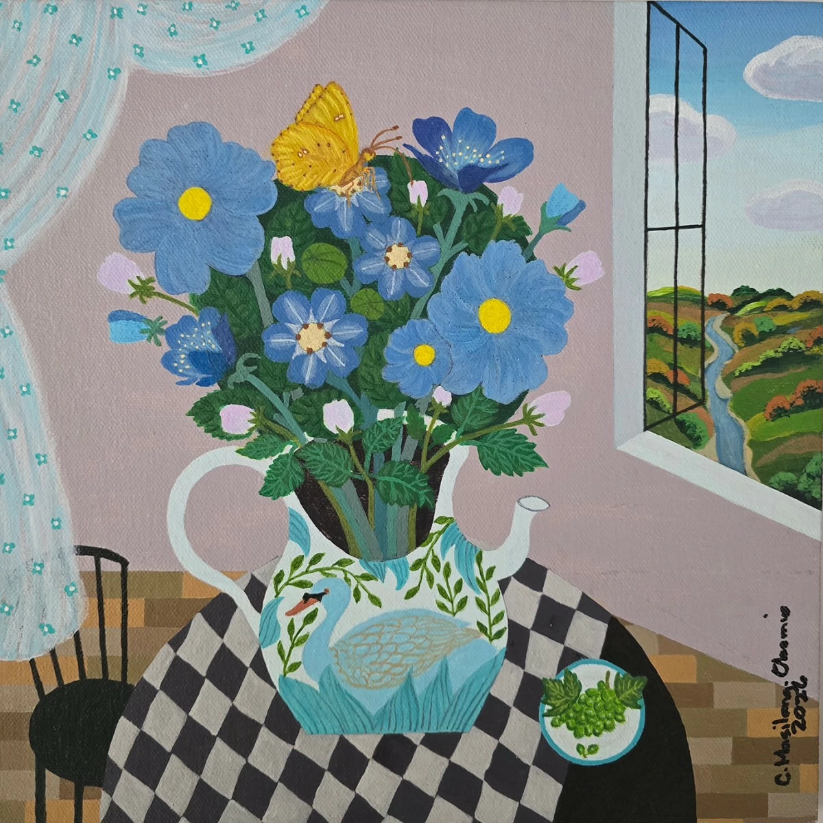 'STILL LIFE WITH GREEN GRAPES,' 12x12 inches, acrylic on canvas, 2026