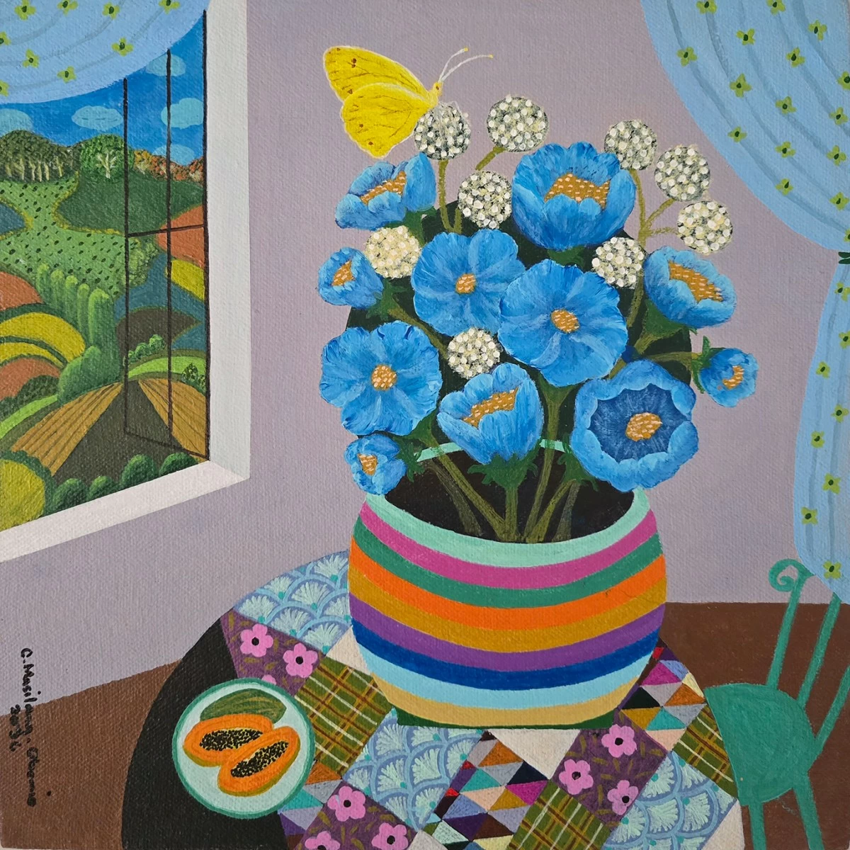 'STILL LIFE WITH PAPAYA II,' 12x12 inches, acrylic on canvas, 2026