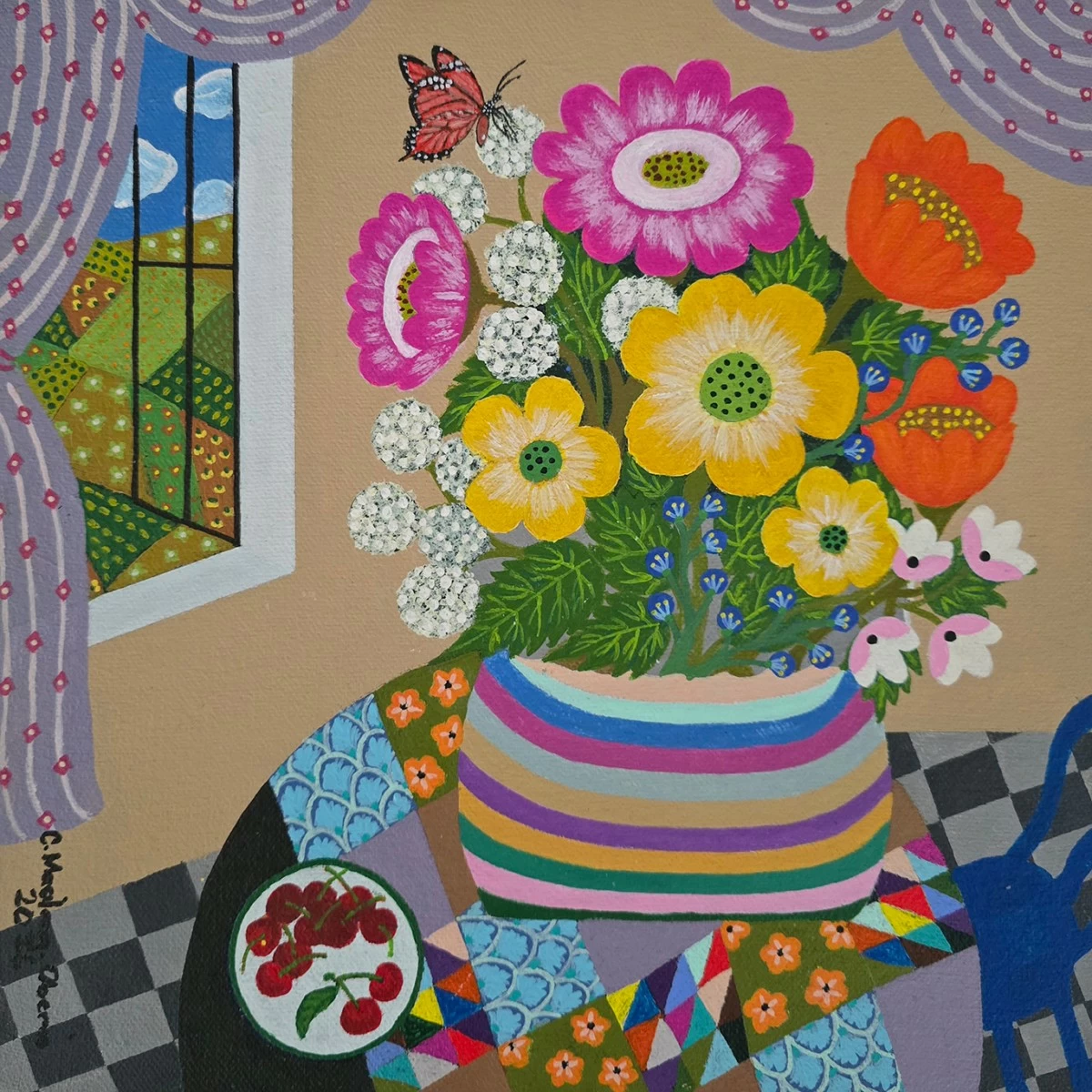 'STILL LIFE WITH CHERRIES,' 12x12 inches, acrylic on canvas, 2026