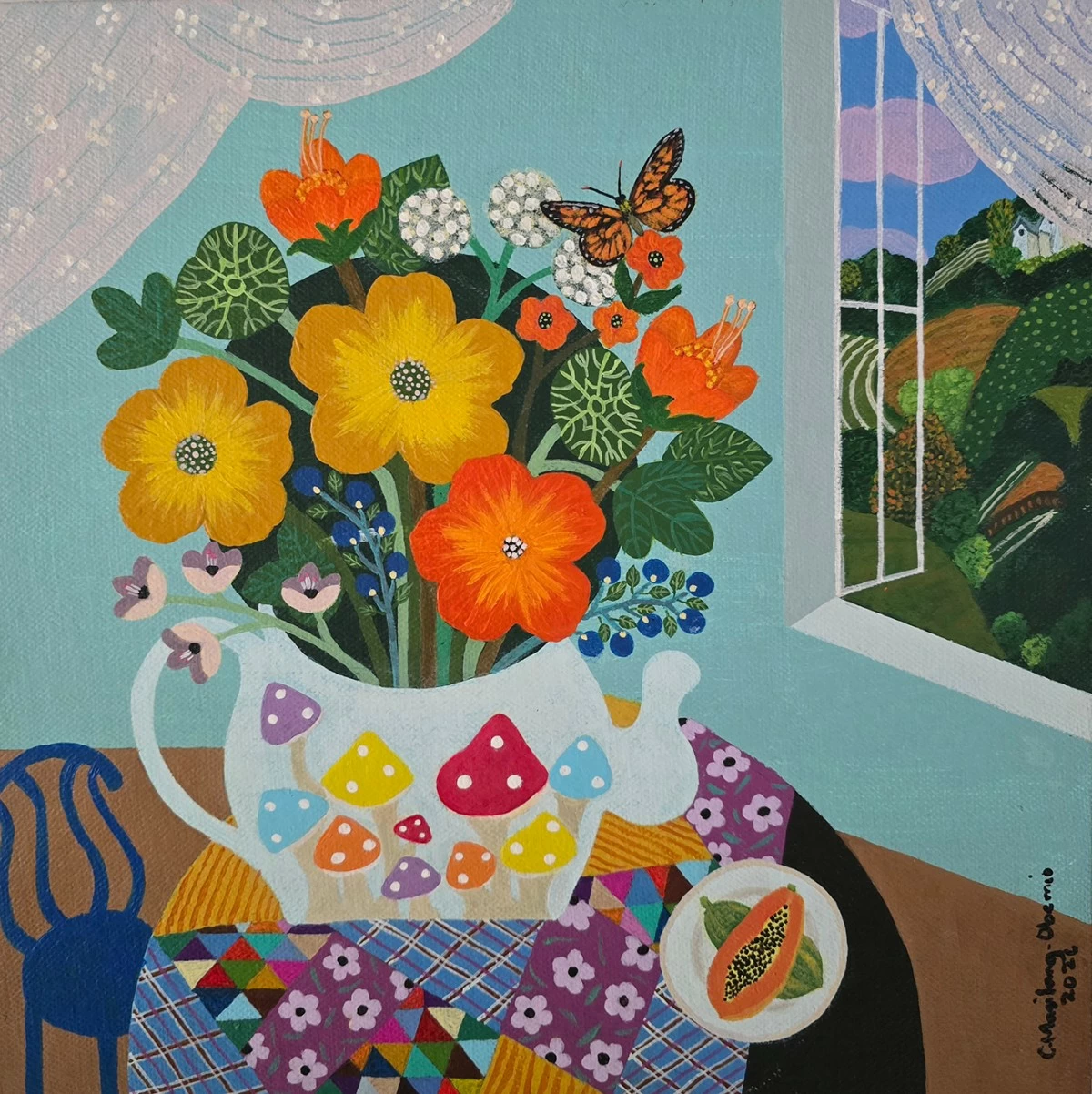 'STILL LIFE WITH PAPAYA,' 12x12 inches, acrylic on canvas, 2026