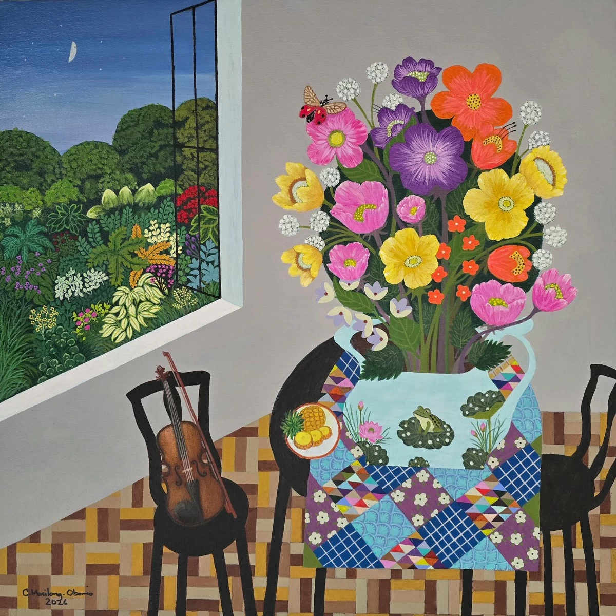 'STILL LIFE WITH VIOLIN,' 12x12 inches, acrylic on canvas, 2026