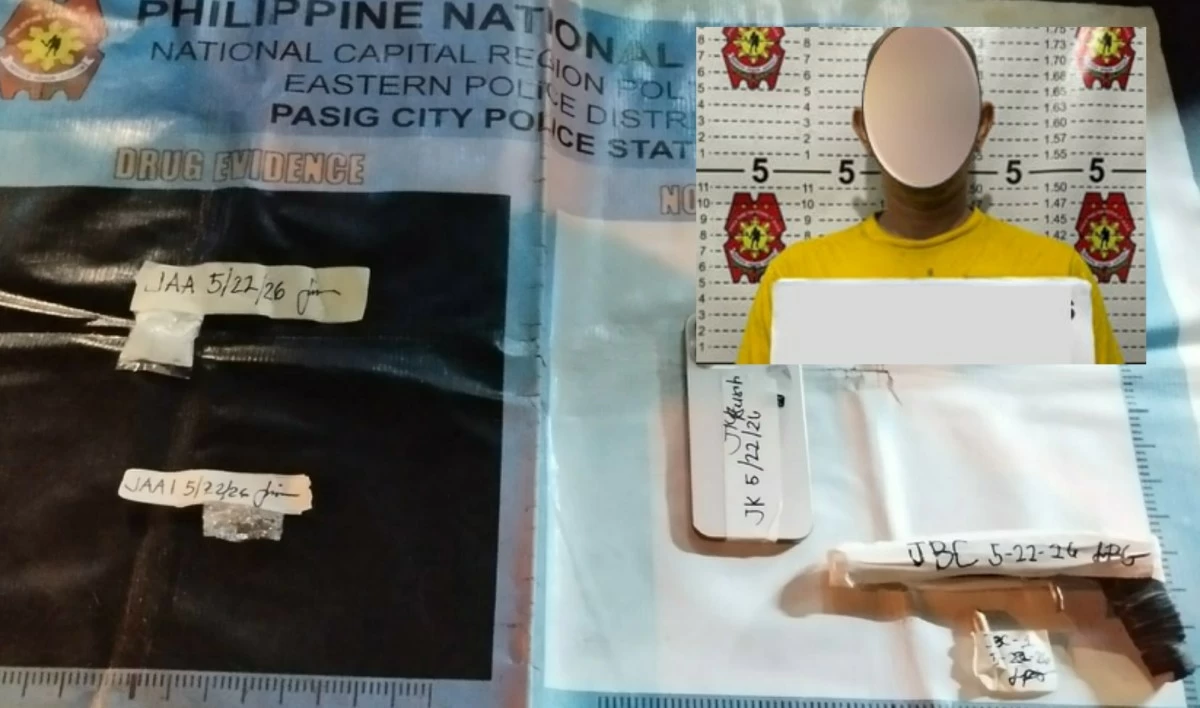 Pasig police arrest a snatcher and confiscate a stolen mobile phone, an improvised firearm, suspected shabu, and marijuana from him. (Photo from Pasig CPS) 