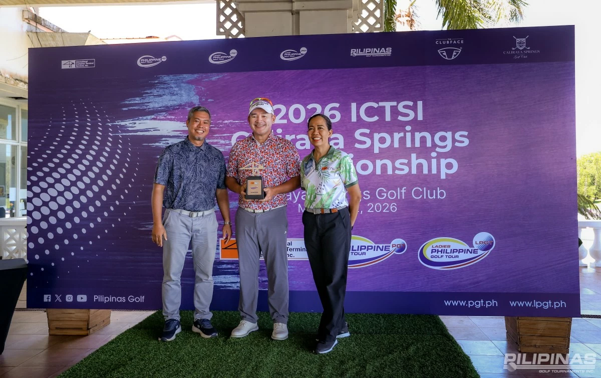 Angelo Que (center) poses with ICTSI PR Communication Services and Production Head Bambi Marfil (right) and Caliraya Springs golf director Gary Viajante.