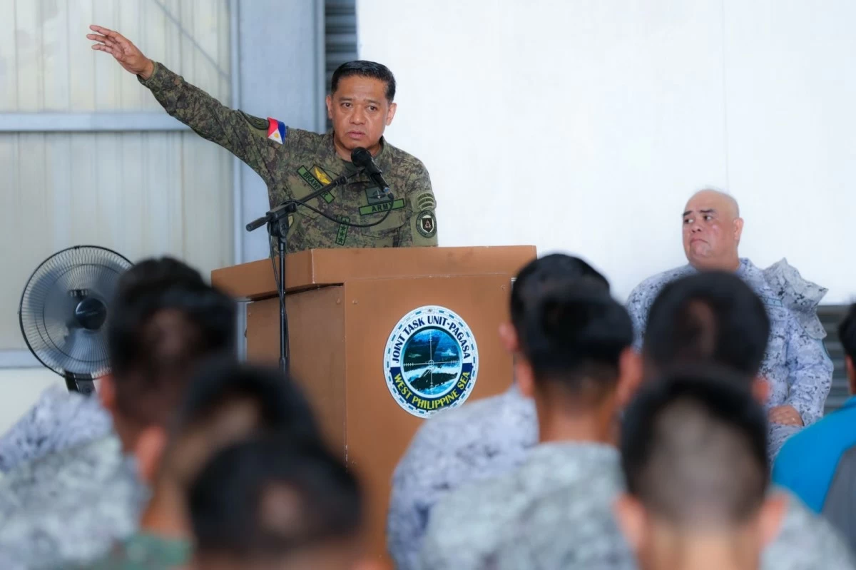 Armed Forces of the Philippines (AFP) Chief of Staff, General Romeo S. Brawner Jr. underscores the importance of troop morale, operational readiness, and unwavering commitment to safeguarding peace and national sovereignty during his visit to Pag-asa (Thitu) Island in the Kalayaan Island Group on May 22, 2026. (Photo: AFP)