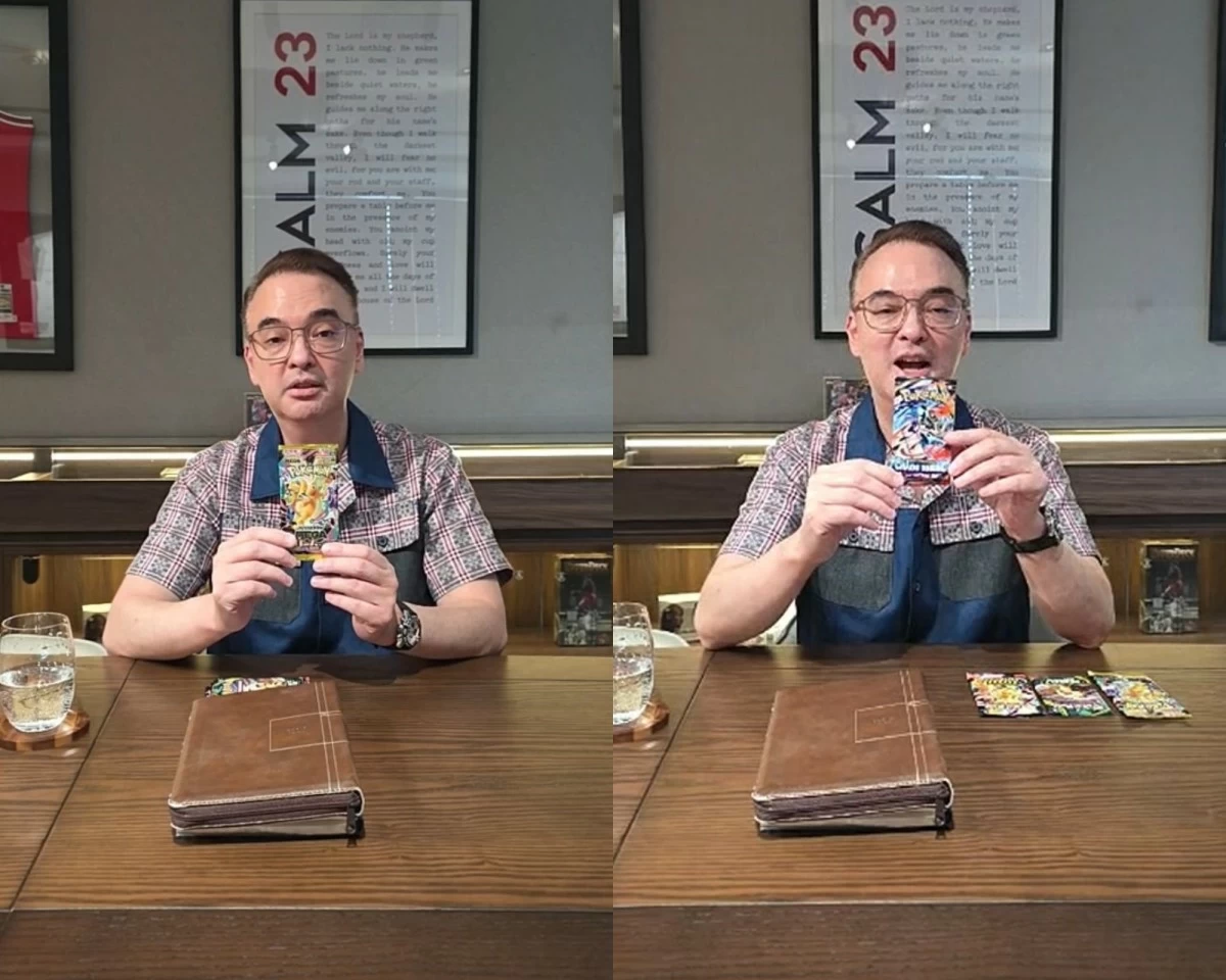 Senate President Alan Peter Cayetano shows different Pokémon TCG packs as he explained the current situation in the Upper Chamber (FB live screenshot)