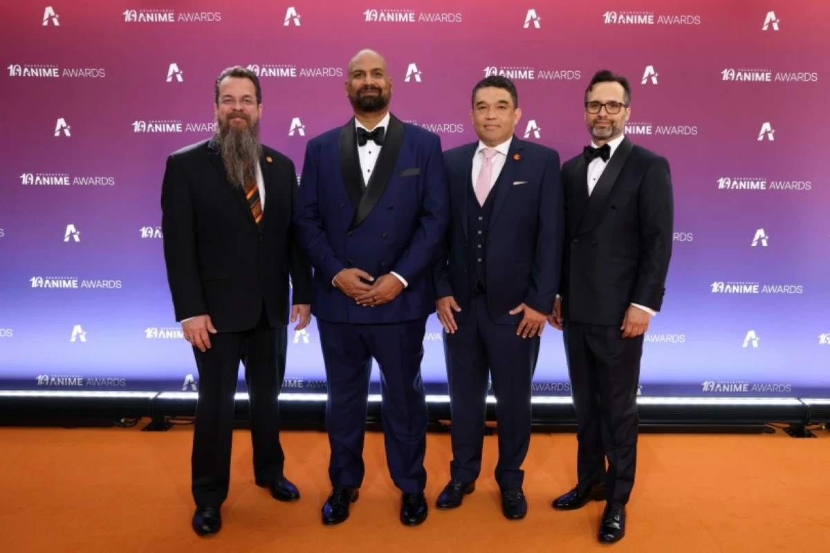Mitchel Berger, EVP global commerce, Crunchyroll; Rahul Purini, president, Crunchyroll; Asa Suehira, chief content officer, Crunchyroll; and Travis Page, chief financial officer, Crunchyroll at the 2026 Crunchyroll Anime Awards (Crunchyroll)