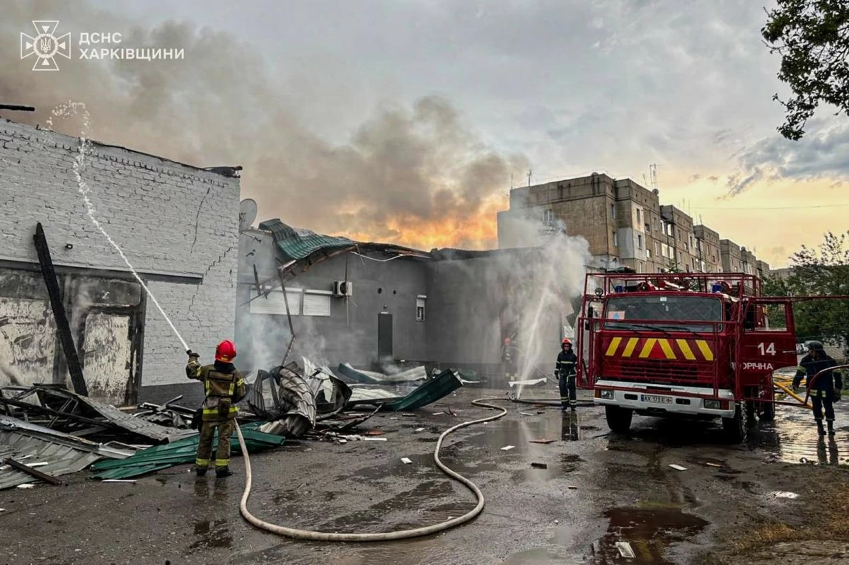 In this photo provided by the Ukrainian Emergency Service, firefighters put out the fire at a prayer house of a local Protestant community of Evangelical Christian Baptists following Russian air attack in Balakliia, Kharkiv region, Ukraine, Saturday, May 23, 2026. (Ukrainian Emergency Service via AP)