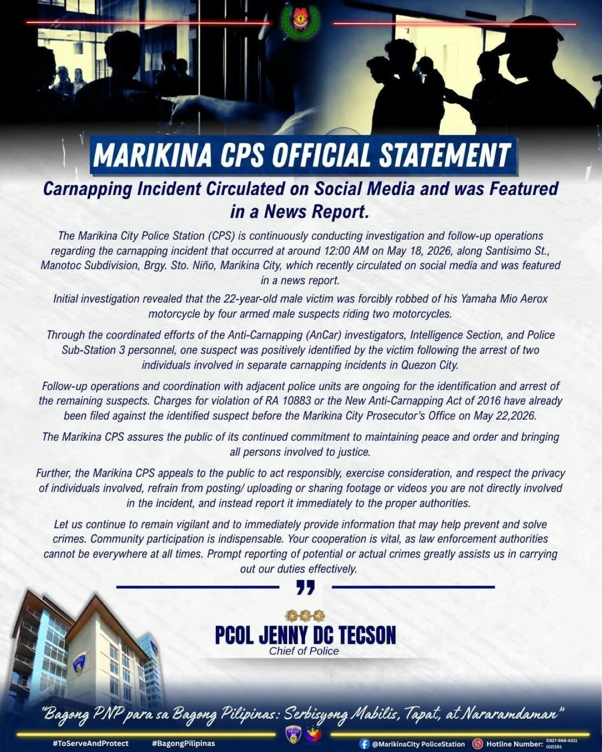 The Marikina City Police Station releases a statement following the viral motorcycle theft incident in Barangay Sto. Niño on May 18. (Photo from Marikina CPS/Facebook)