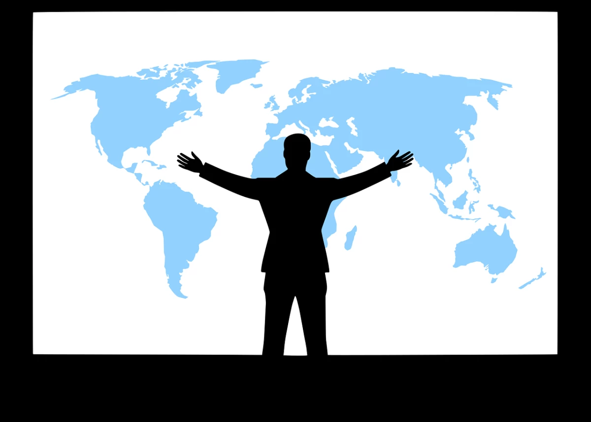 business, conference, carefree, silhouette, outstretched, achievement, arm, boss, confident, projection, screen, success, man, world, map, finance, businessman, planning, office, marketing, professionals, leader, corporation, world map, strategy