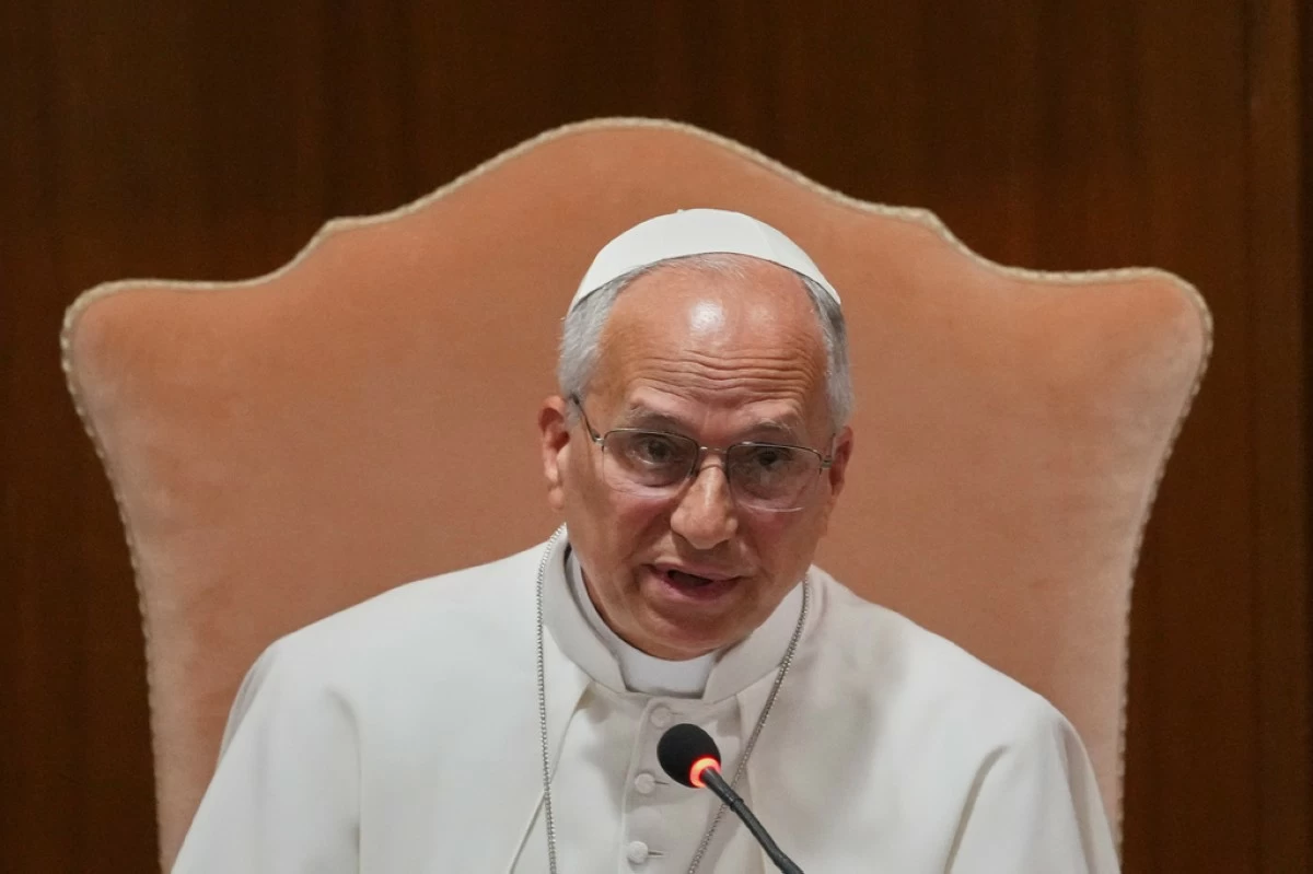 Pope Leo XIV speaks during the presentation of his first encyclical, 