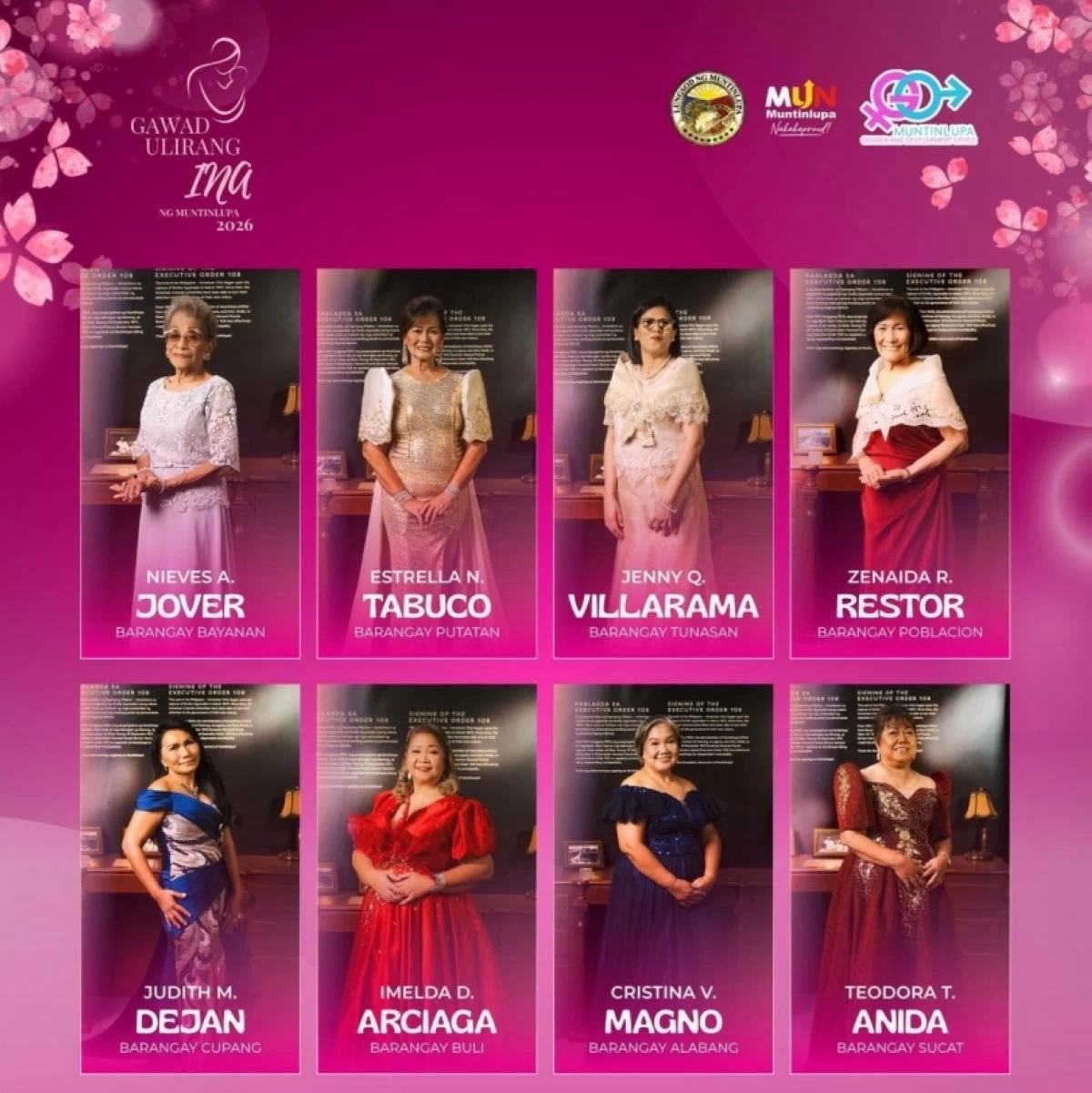 The eight finalists and barangay winners of the Gawad Ulirang Ina 2026 search in Muntinlupa (Photo from Muntinlupa PIO) 