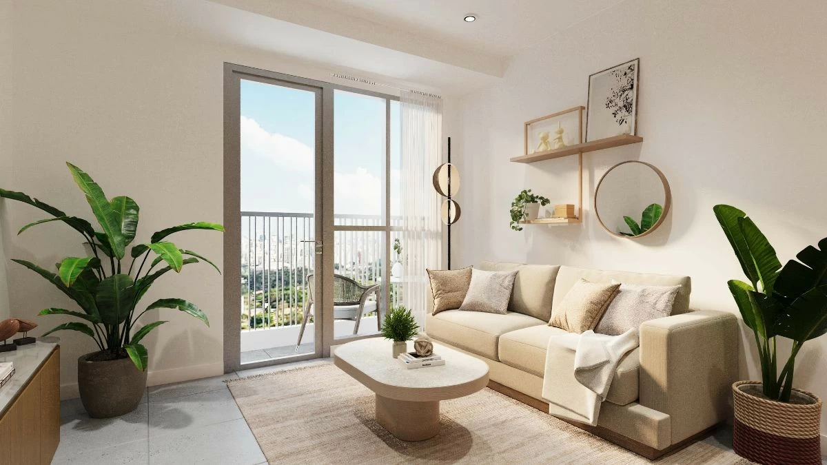 Living and balcony of two-bedroom unit