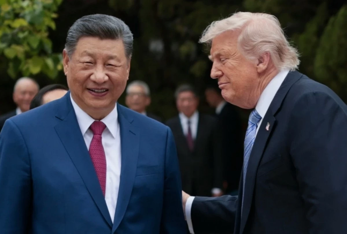 U.S. President Donald Trump, right, speaks with Chinese President Xi Jinping while leaving after a visit to the Zhongnanhai Garden in Beijing, Friday, May 15, 2026. (Evan Vucci/Pool Photo via AP)