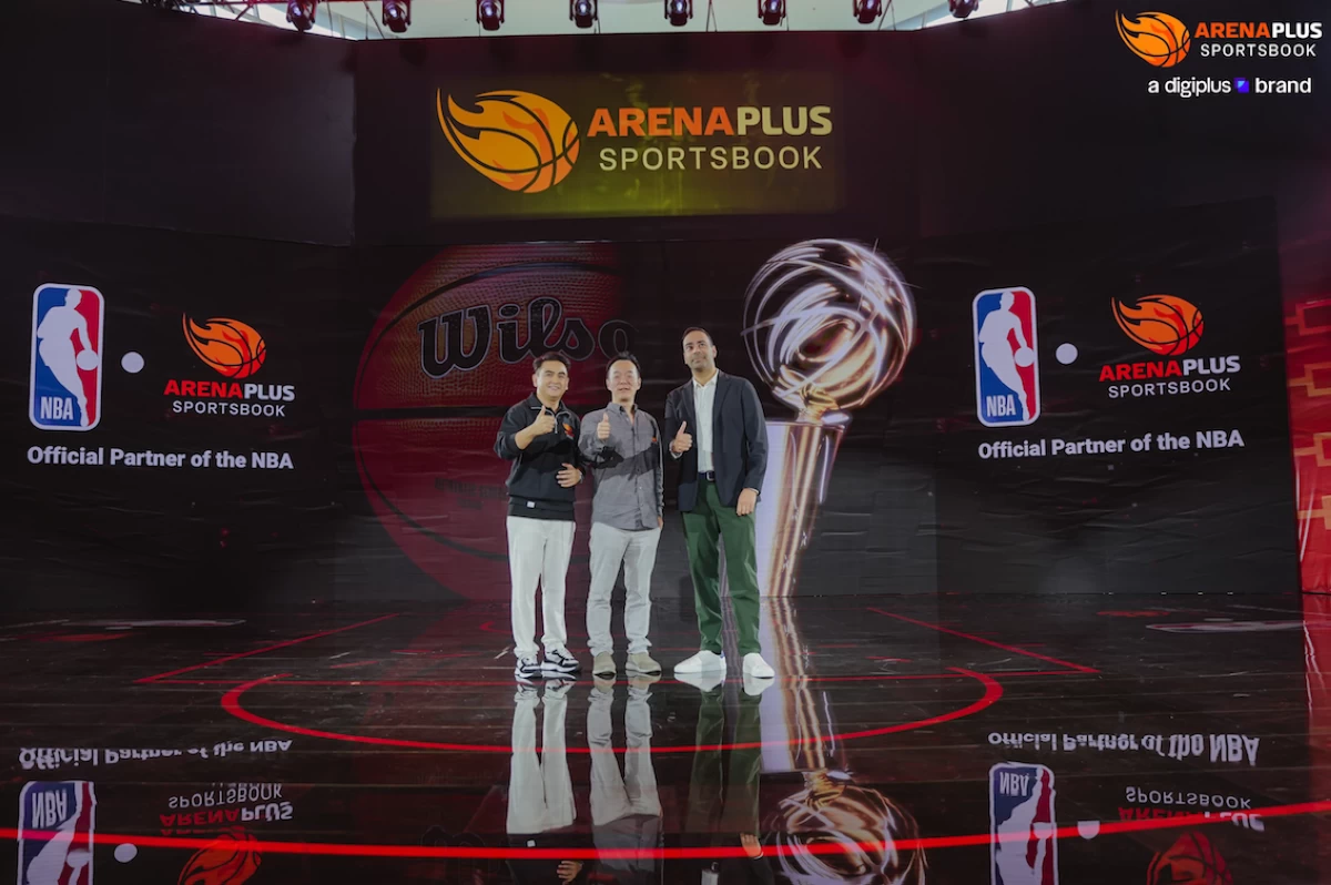 From left: President of AB Leisure Exponent Inc. Jasper Vicencio, ArenaPlus head Erick Su, and NBA Head of International Gaming and Data Distribution Kuljeet Sindhar during the landmark partnership’s announcement last April 11 at Mall of Asia Music Hall in Pasay City.