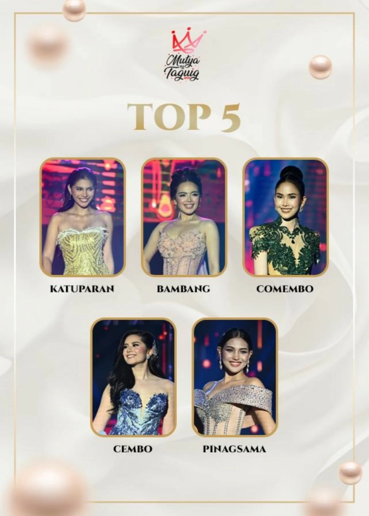 The top five candidates in the Mutya ng Taguig 2026 pageant (Photo from Mutya ng Taguig on Facebook) 