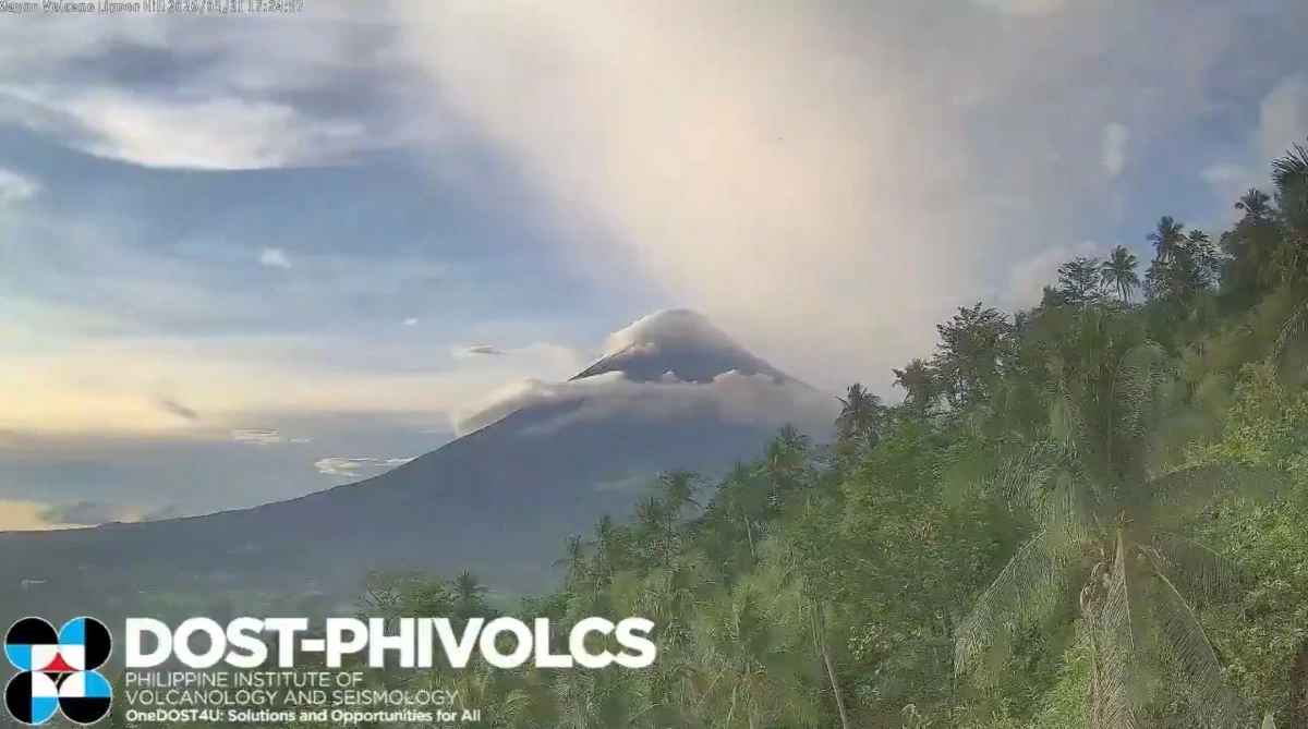Mayon Volcano emits a volcanic plume after a lava-related collapse generated a pyroclastic density current at its southwestern slopes on Wednesday morning, May 13, according to the Philippine Institute of Volcanology and Seismology. The event produced a plume that rose about 4,000 meters before drifting southwest. (Phivolcs/X)