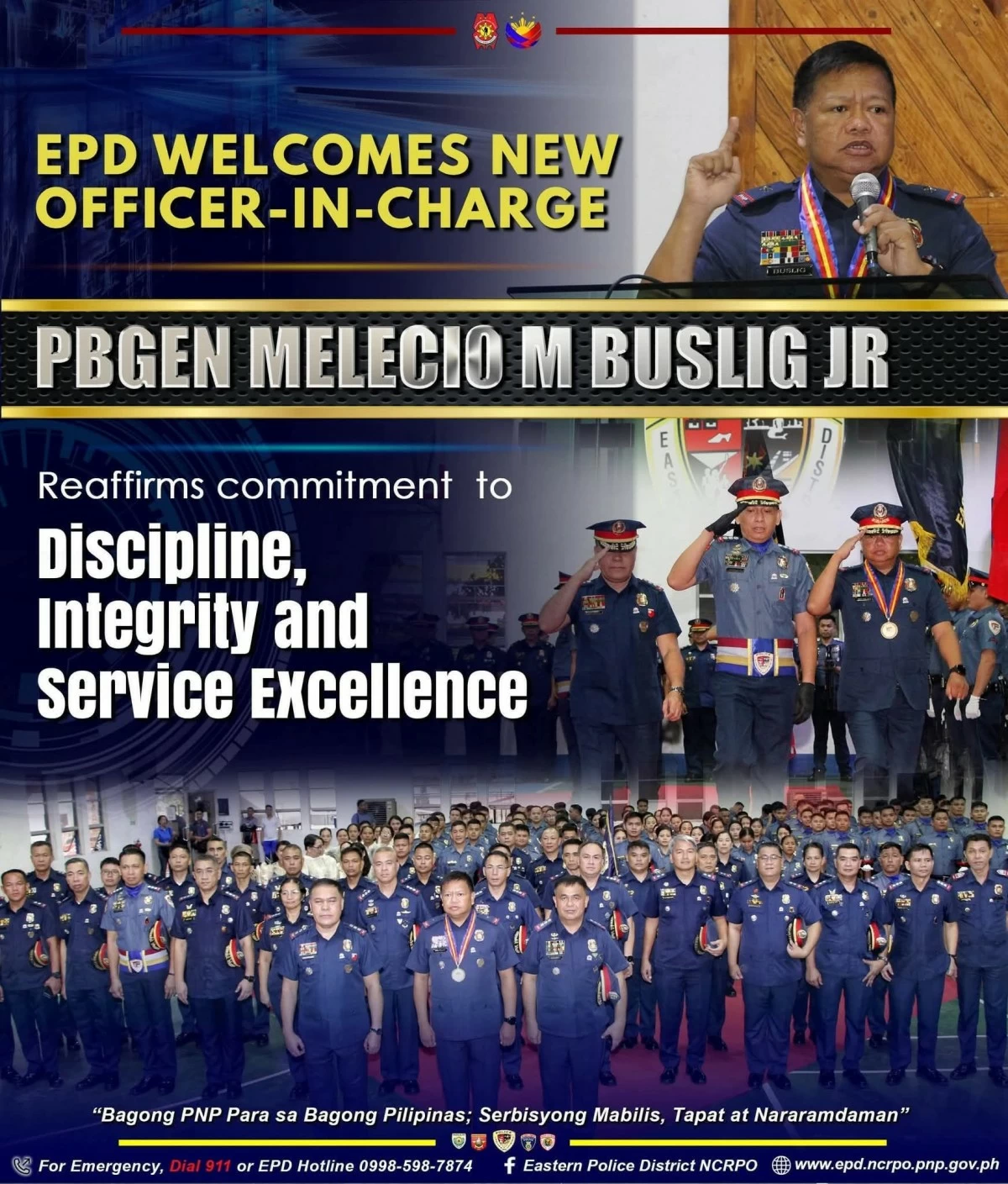 Personnel of the Eastern Police District (EPD) welcome its new Officer-in-Charge, Brig. Gen. Melecio M. Buslig Jr., at the EPD Multi-Purpose Hall in Barangay Malinao, Pasig City on June 1. (Photo from EPD)