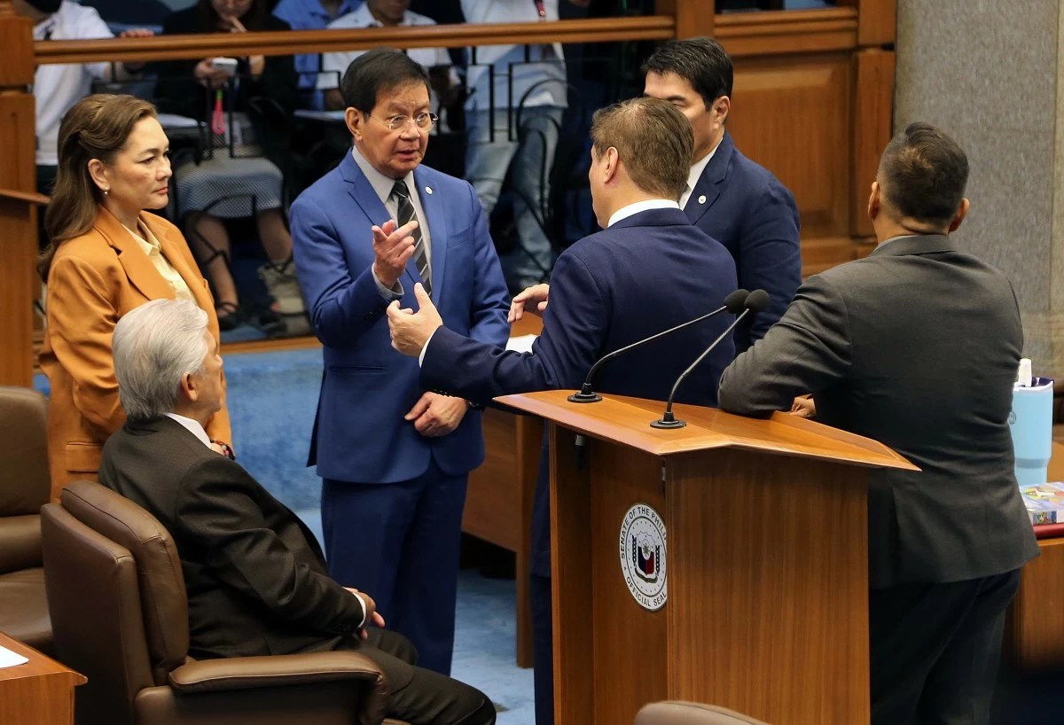 Only members of the Senate minority bloc were present at the plenary hall during the scheduled session at the Senate of the Philippines in Pasay City on June 2, 2026. With no senators from the majority bloc appearing on the session floor, the minority senators later left the hall and proceeded to the Senate Lounge for a closed-door meeting. (Mark Balmores)