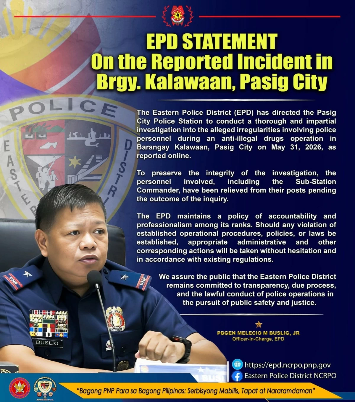 Statement of the Eastern Police District regarding alleged irregularities during an anti-illegal drugs operation that resulted in the death of a man.