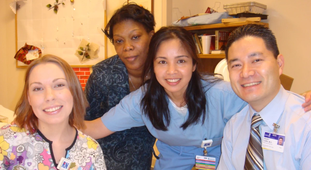Richie Carrido, RN, with her team at Kernan Ortho and Rehab Hospital — now the University of Maryland Rehabilitation & Orthopedic Institute. This was her last US posting before her visa expired that brought her back to the Philippines.