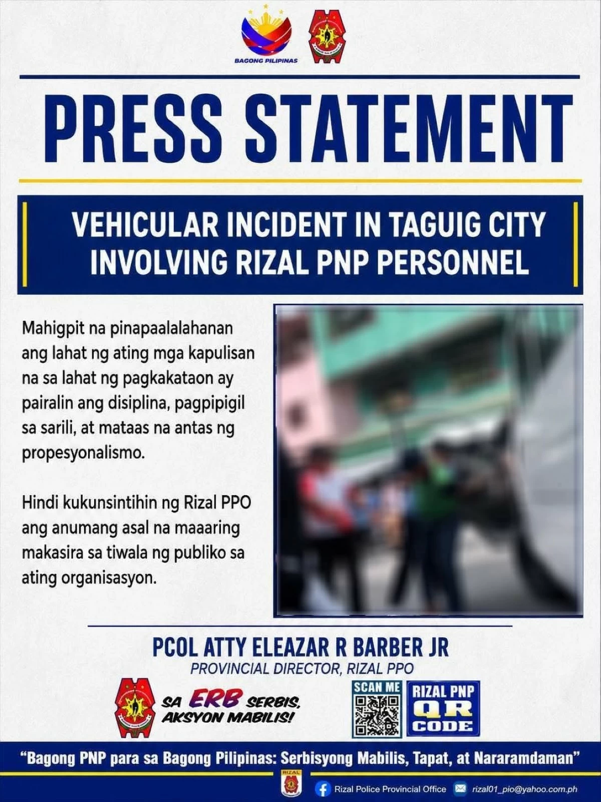 The Rizal Police Provincial Office (Rizal PPO) releases a statement following the involvement of one of its police officers in the viral arrest of a barangay driver in Taguig City. (Photo from Rizal PPO)