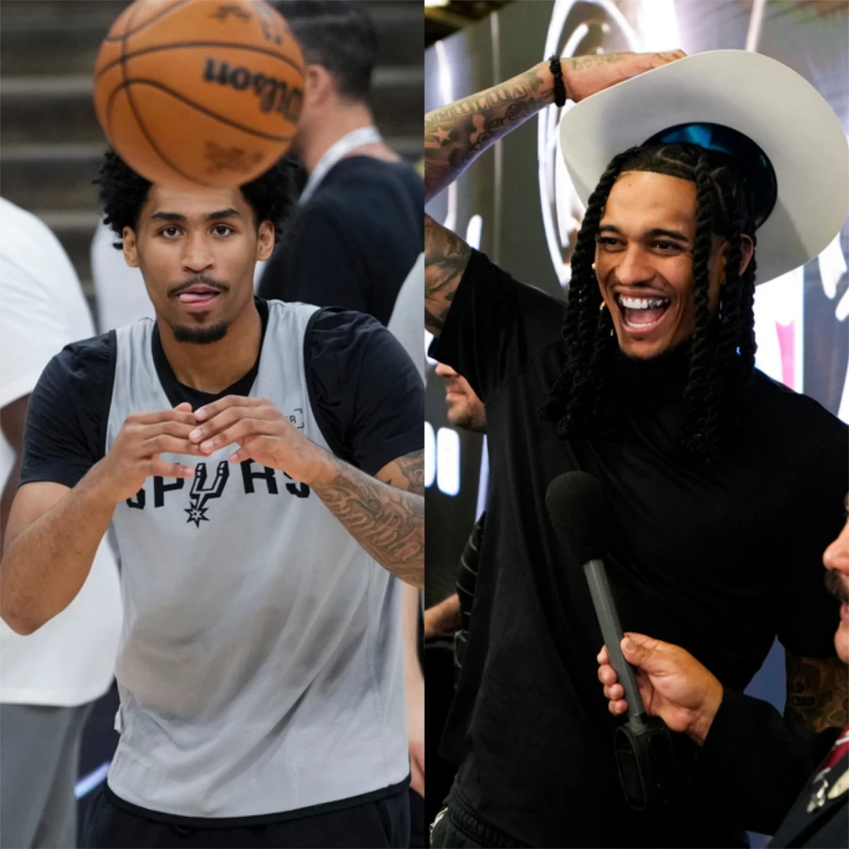 Knicks' Jordan Clarkson, right, shows some love to fellow Filipino-American Dylan Harper of Spurs. (AP)