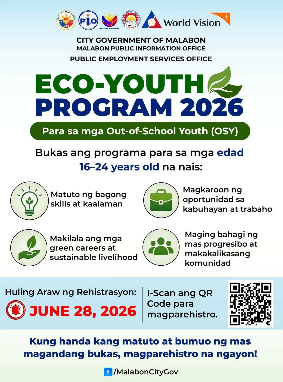 Interested participants may scan the QR code or access the registration link provided by PESO Malabon to join the ECO-Youth Program. (Photo from Malabon LGU)