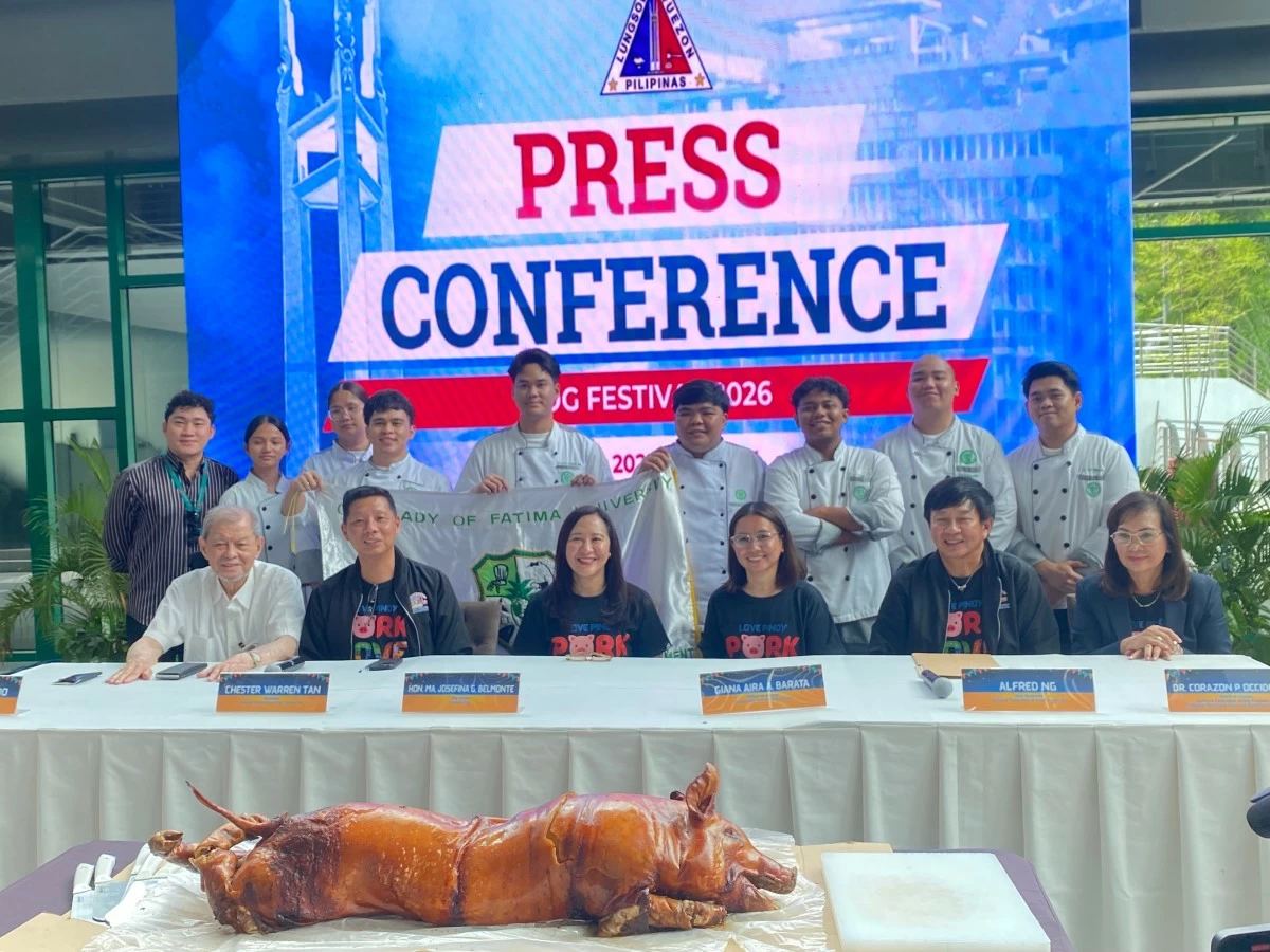 SUPPORTING LOCAL PORK. Quezon City Mayor Joy Belmonte joins officials of the National Federation of Hog Farmers Inc. and culinary students from Our Lady of Fatima University during the Hog Festival 2026 press conference and media launch at the QC M.I.C.E. Center in Quezon City Hall on June 4. The festival aims to promote locally raised pork and support the recovery of the country's swine industry. (Trixee Rosel/MANILABULLETIN)