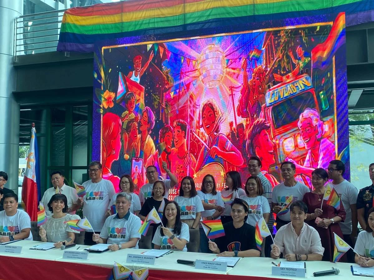 Quezon City Mayor Joy Belmonte joins representatives of the Pride PH coalition and the University of the Philippines, together with members of the LGBTQIA  community, as they wave a rainbow flag during a gathering in Quezon City symbolizing solidarity, inclusion, and support for Pride advocacy. (Trixee Rosel/MANILABULLETIN)